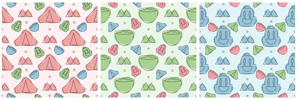 Set of Summer Camp Seamless Pattern Design of Camping and Traveling in Temp.. Stock Illustration