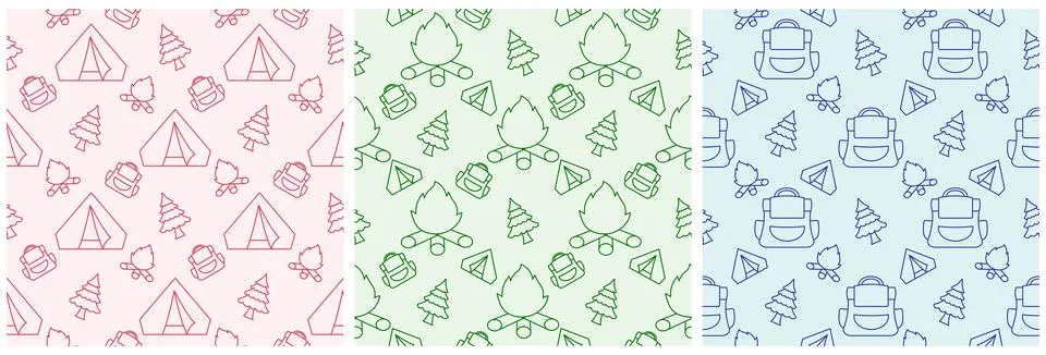 Set of Summer Camp Seamless Pattern Design of Camping and Traveling in Temp.. Stock Illustration
