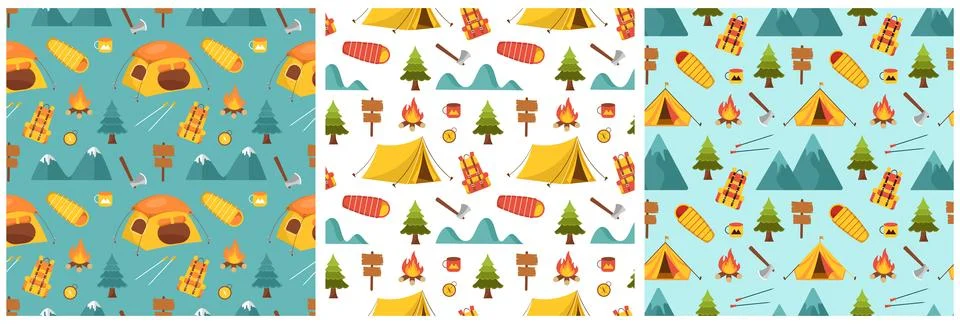 Set of Summer Camp Seamless Pattern Design of Camping and Traveling Element.. Stock Illustration