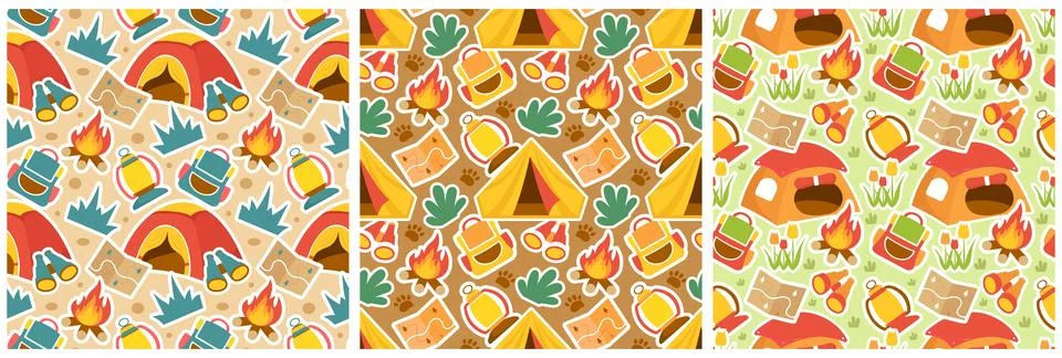 Set of Summer Camp Seamless Pattern Design of Camping and Traveling Element.. Stock Illustration
