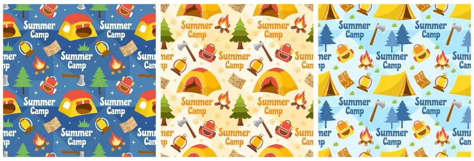 Set of Summer Camp Seamless Pattern Design of Camping and Traveling Element.. Stock Illustration