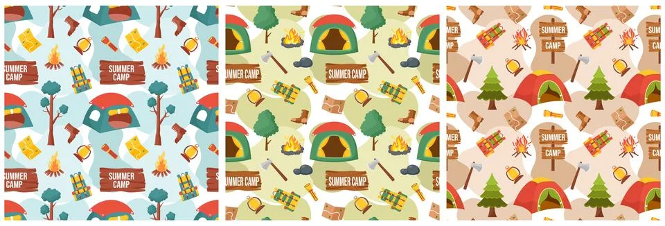 Set of Summer Camp Seamless Pattern Design of Camping and Traveling Element.. Stock Illustration