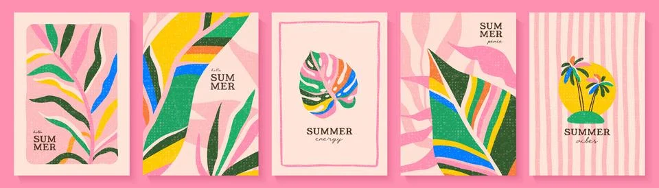Set of summer cards in a modern flat style with grainy texture. Vector illu.. 스톡 일러스트