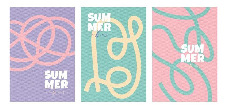Set of summer covers with smooth abstract organic lines. Chaotic green, pink and Stock Illustration
