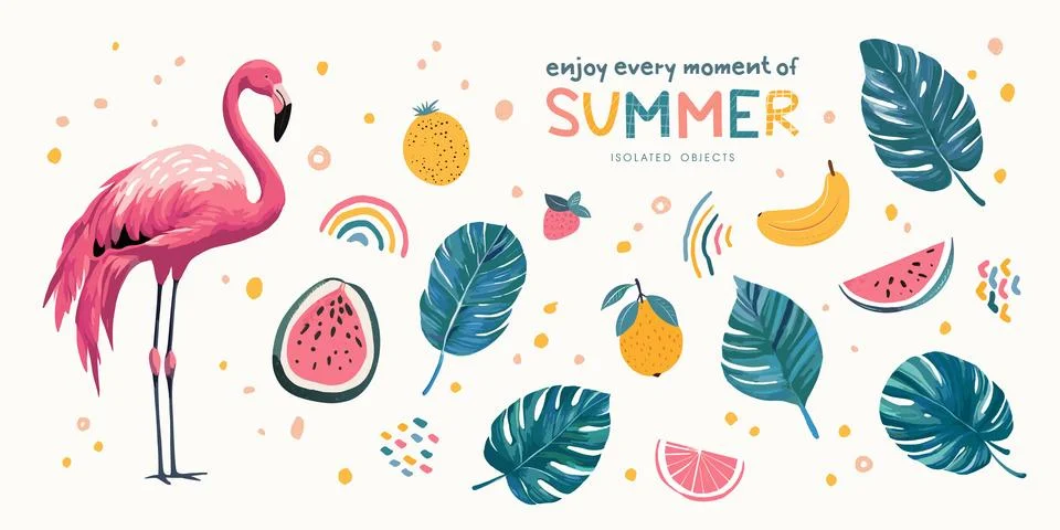 Set of summer design elements. Hand-drawn cute illustrations: pink flamingo Illustrazione stock