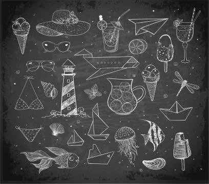 Set of summer doodle elements on blackboard background Stock Illustration