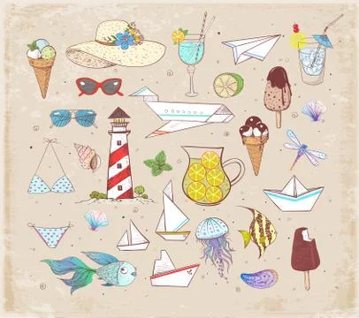 Set of summer doodle elements on vintage background Stock Illustration