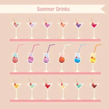 Set of summer drinks and beverage cocktail,juice, lemonade etc Stock Illustration