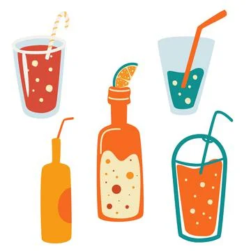 Set of summer drinks. Vector set of soft Drinks in Cans. Summer vacation and Stock Illustration