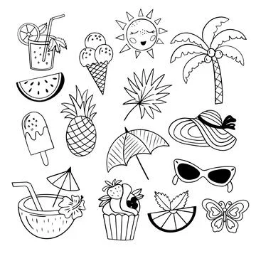 Set of summer element - sun, cake, palm, ice cream Stock Illustration