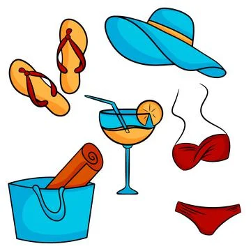 Set of summer elements. Flip-flops, beach hat, swimsuit, beach bag, cocktail. Stock Illustration