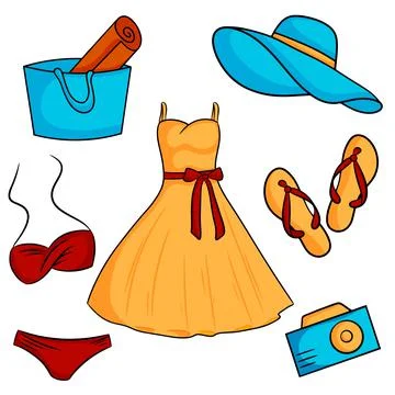 Set of summer elements. Flip-flops, dress, beach hat, swimsuit, beach bag, ca Illustrazione stock