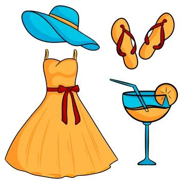 Set of summer elements. Hat, dress, slates, flip flops, cocktail. Cartoon sty Illustrazione stock