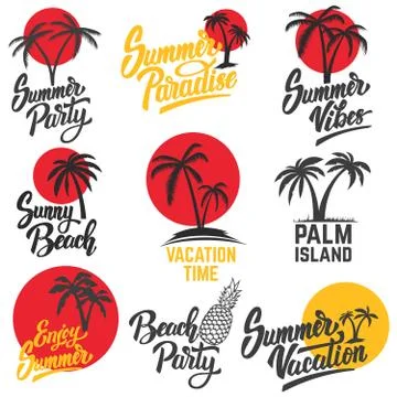 Set of summer emblems with palm trees. Design elements for logo, label, emble Stock Illustration