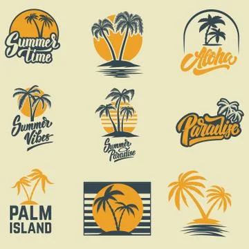Set of summer emblems with palms. For emblem, sign, logo, label, badge. Vecto Stock Illustration