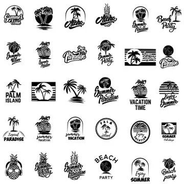 Set of summer emblems with palms. For emblem, sign, logo, label, badge. Vecto Ilustración de archivo