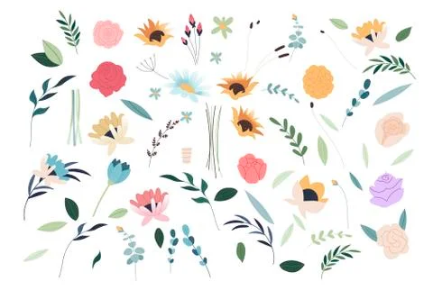 Set of summer flowers. Set of flat Spring flower icons in silhouette isolated on Stock Illustration