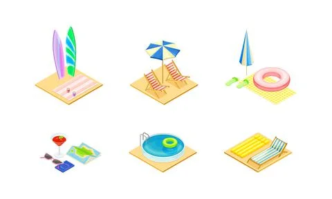 Set of summer holiday and beach objects. Surfboard, umbrella, swimming pool Stock Illustration