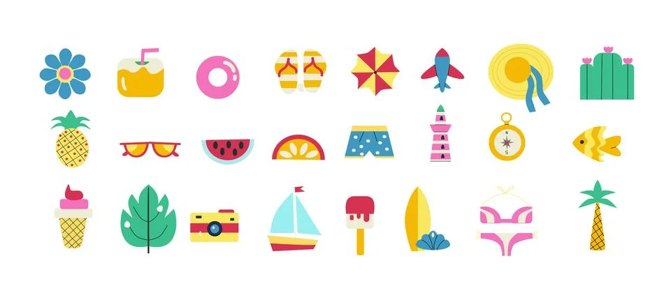 Set of summer icon in flat style. Minimalist geometric design. Summer vacation イラスト素材