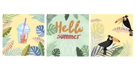 Set of summer illustrations. Vector illustration in cartoon style. Stock Illustration