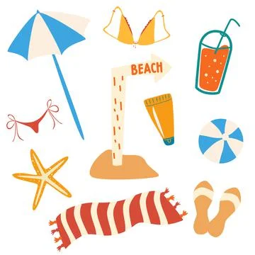 Set of summer items and beach objects. Beach accessories: umbrella, flip flop Stock Illustration
