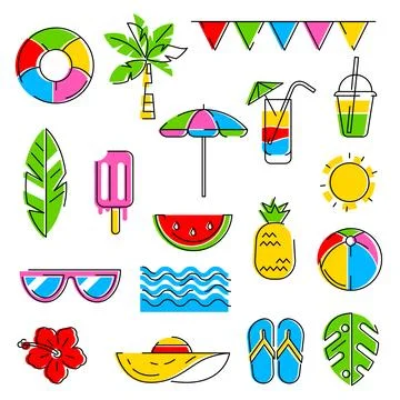 Set of summer items. Stylized beach objects. 스톡 일러스트
