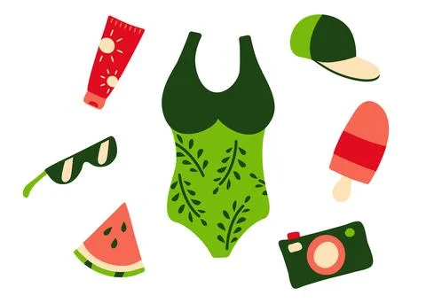 Set of summer items - swimsuit, cap, sunglasses. Piece of watermelon and ice Stock Illustration