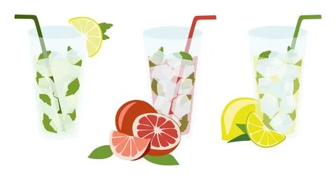 Set of Summer Lemonade. Cartoon vector illustration with straw, ice cubes, mint  Stock Illustration