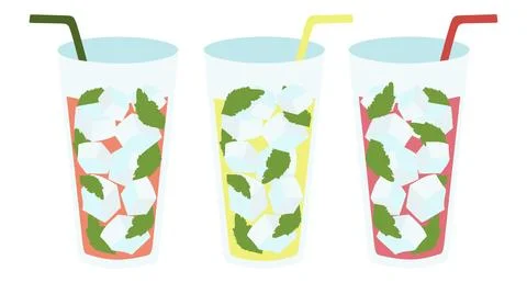Set of Summer Lemonade. Cartoon vector illustration with straw, ice cubes, mint  Stock Illustration