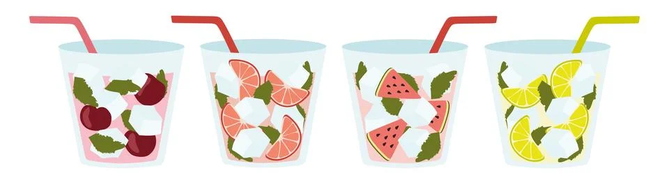 Set of Summer Lemonade. Cartoon vector illustration with straw, ice cubes, mint  Stock Illustration