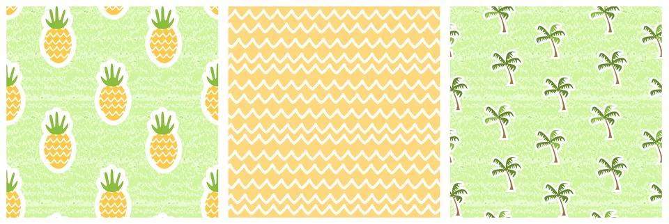 Set of Summer nature seamless patterns. Vector illustration of pineapples, palm Stock Illustration