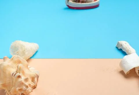 Set of summer object Sea Shell,boat,coral, starfish, and sand on pastel beige Stock Photos