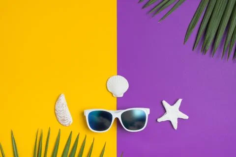 Set of summer object sunglasses sky reflect, star fish,shell and palm leaf on Stock Photos