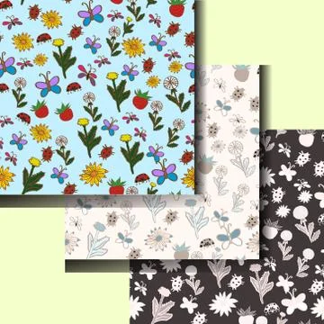 Set of summer patterns with flowers and insects. vector illustration. Hand Stock Illustration