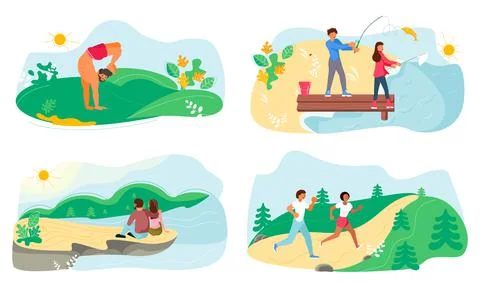 Set of Summer performing various activities. People hev romantic date on cany Stock Illustration