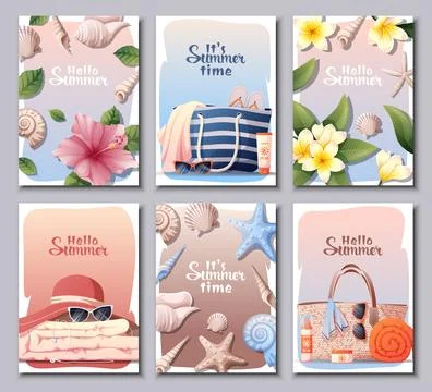 Set of summer postcards. Hello summer, beach vibe. Beach accessories, bag, .. Stock Illustration