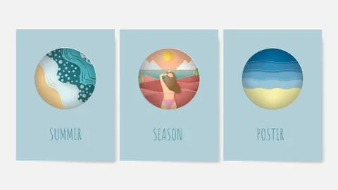 Set of Summer poster on background concepts in paper cut style. Stock Illustration