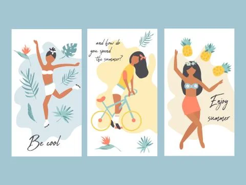 Set of Summer posters with pretty girls Stock Illustration