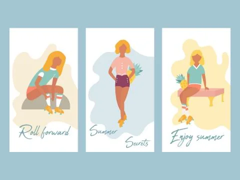 Set of Summer posters with pretty roller girls Illustrazione stock