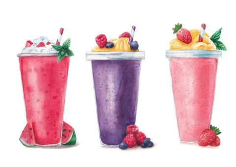 Set of summer refreshing shakes and smoothies isolated on white background, hand Stock Illustration