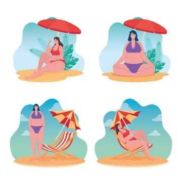 Set summer scenes, cute plump women using swimsuit, women in the beach, summer Stock Illustration