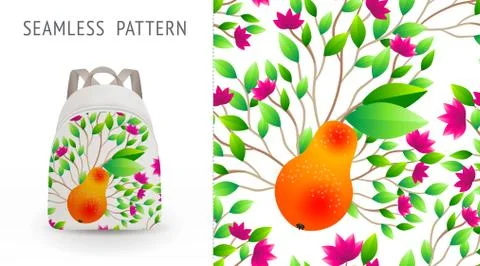 A set of summer seamless multicolor fruit and flowers patterns, demonstrated  Stock Illustration