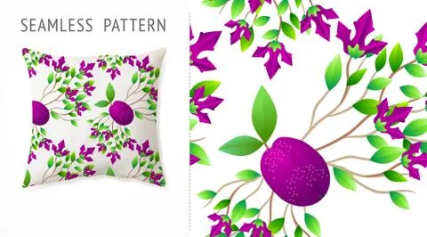 A set of summer seamless multicolor fruit and flowers patterns, demonstrated  Stock Illustration