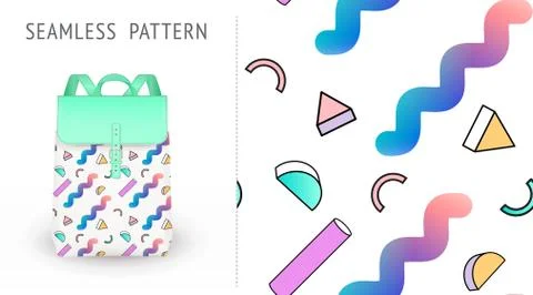 A set of summer seamless multicolor memphis patterns, demonstrated on textile Stock Illustration