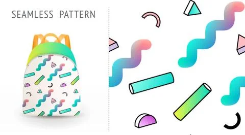 A set of summer seamless multicolor memphis patterns, demonstrated on textile Stock Illustration
