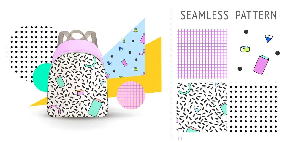 A set of summer seamless multicolor memphis patterns, demonstrated on textile Stock Illustration