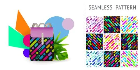A set of summer seamless multicolor memphis patterns, demonstrated on textile Stock Illustration