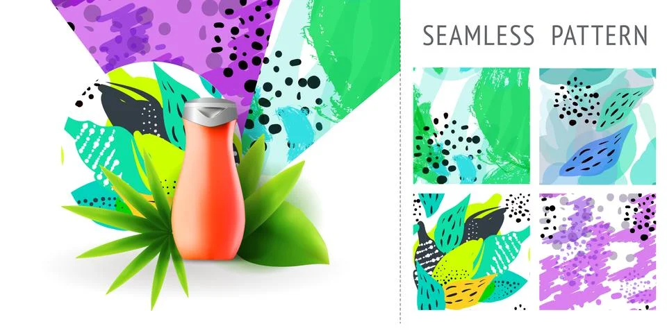 A set of summer seamless patterns, demonstrated on mockup installation with b Stock Illustration