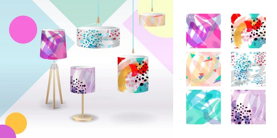 Set of summer seamless patterns demonstrated on textile lampshades Stock Illustration