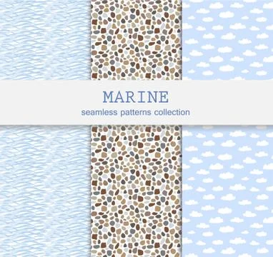 Set of summer seamless patterns with sea pebbles, sky and clouds, waves of the Stock Illustration